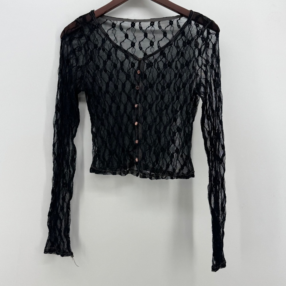 Black Sheer Floral Lace Button Front Cardigan Long Sleeve Cropped Top Womens